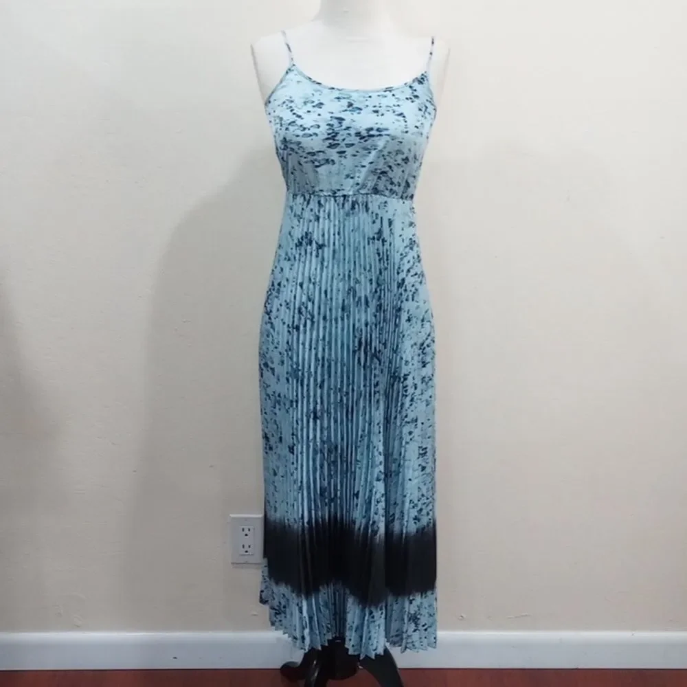 All Saints Blue Tie Dye Satin Pleated Slip Dress, Size XS All Saints Blue Tie Dye Satin Pleated Slip Dress, Size XS
